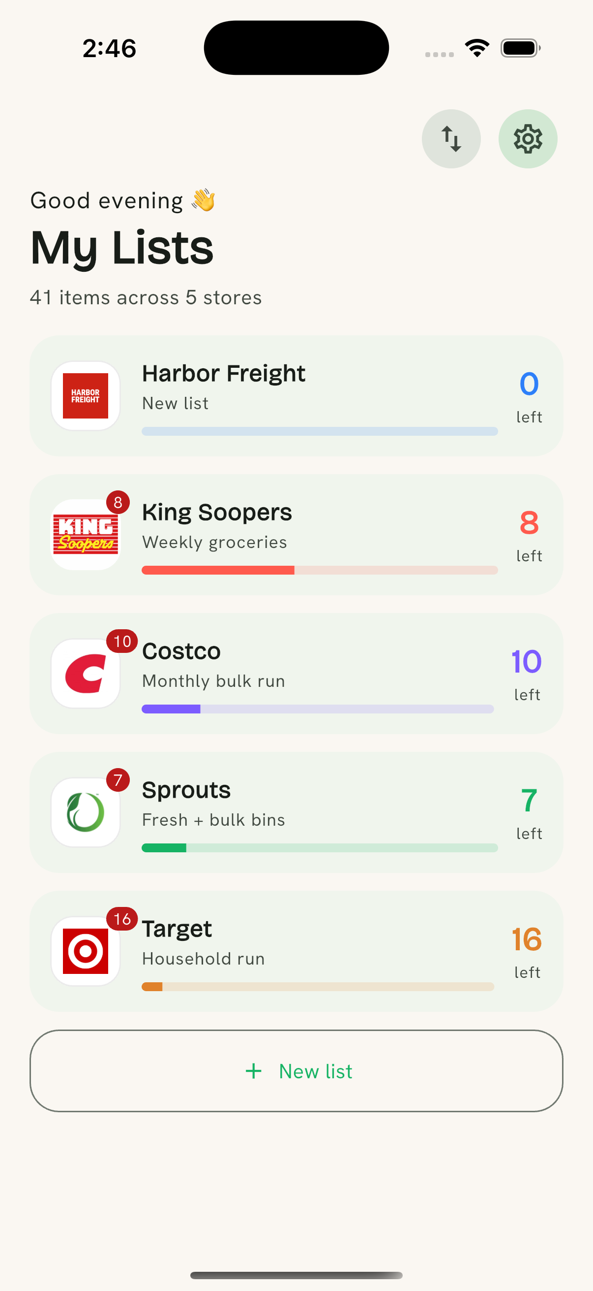 Kartful's My Lists screen showing separate lists for Harbor Freight, King Soopers, Costco, Sprouts and Target, each with items remaining
